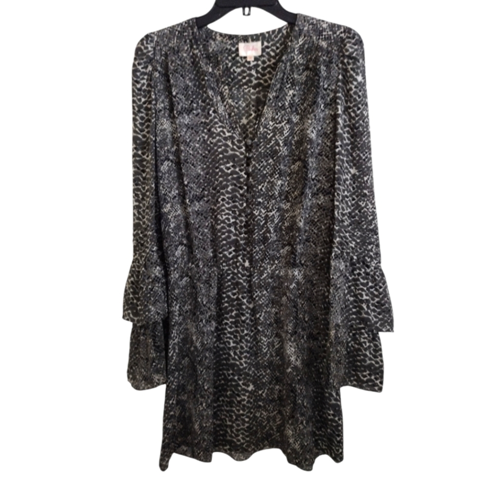 Parker grey black white snakeprint dress double bell sleeves size XS